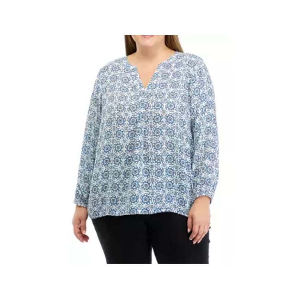 Tahari Plus Size Blue White Lightweight Blouse Top Polyester Long Sleeve Sz 2X